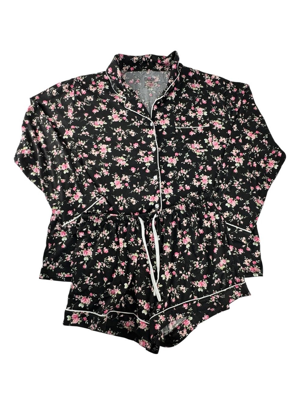 Flora Nikrooz Black Floral Short Pajama Set with Pink Flowers